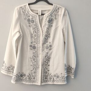 Linen Tunic Size M Off White Silver Sequined With Floral Print Festival Holiday